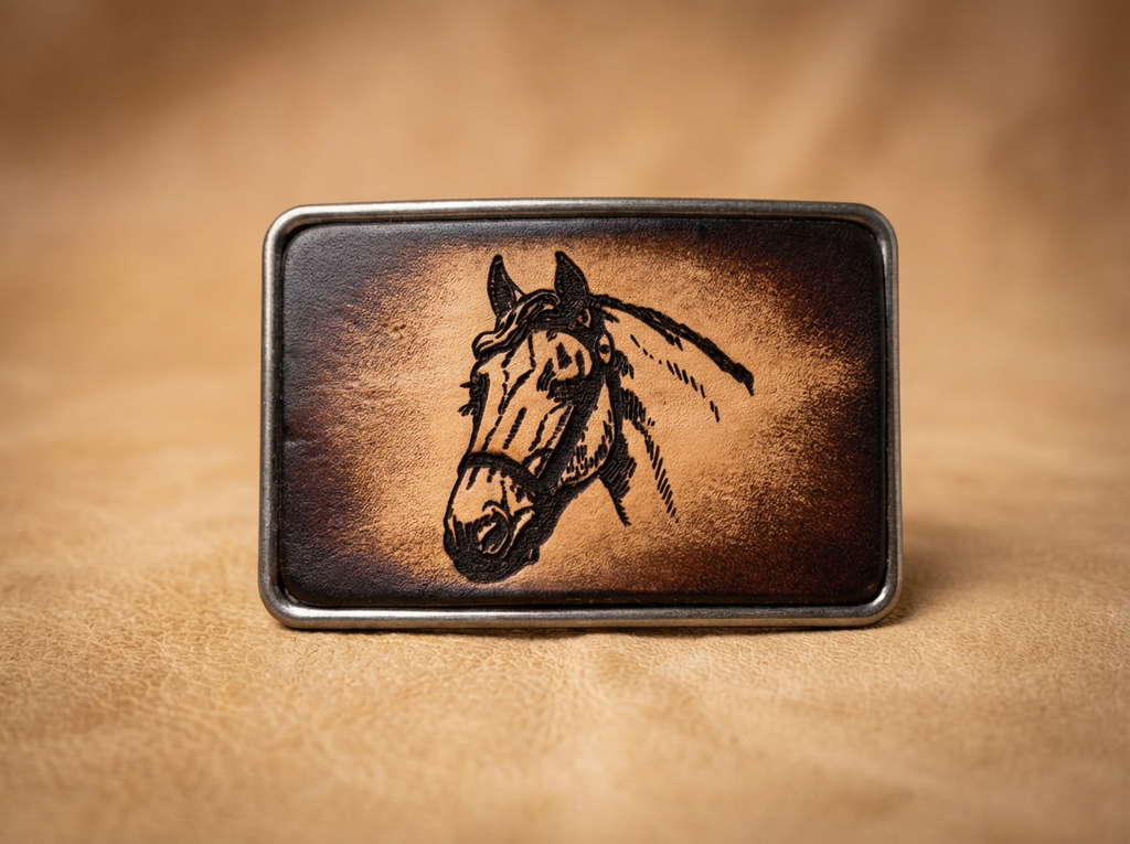 Horse Head Design Handcrafted Leather Inlay Belt Buckle
