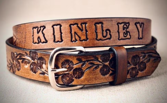 Cowgirl Belt, Child size Tooled Leather Flower Belt - 70s Vintage Handmade Style