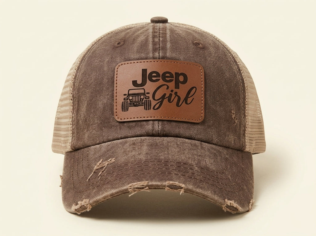 Jeep Girl Distressed Leather Patch Mesh Back Trucker Hat - Brown