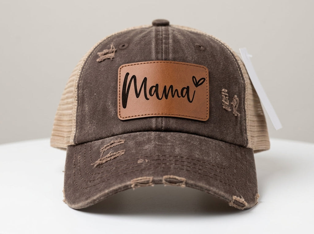 Mama Leather Patch Trucker Hat - Brown Distressed Baseball Cap | Miller's Leather Shop