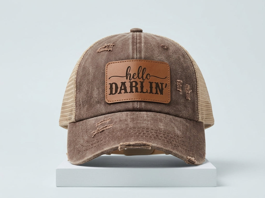 Distressed Brown Mesh Trucker Hat - Hello Darlin' Western Leather Patch Cap