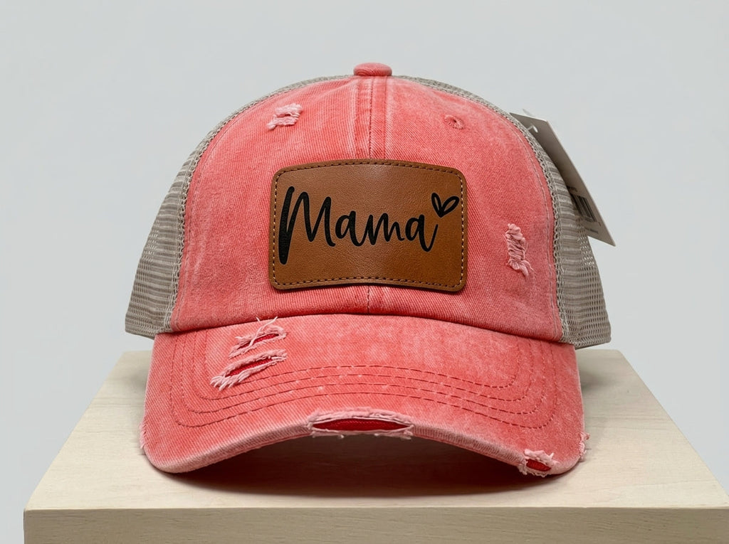 Mama Hat | Distressed Coral Trucker Hat with Leather Patch for Women