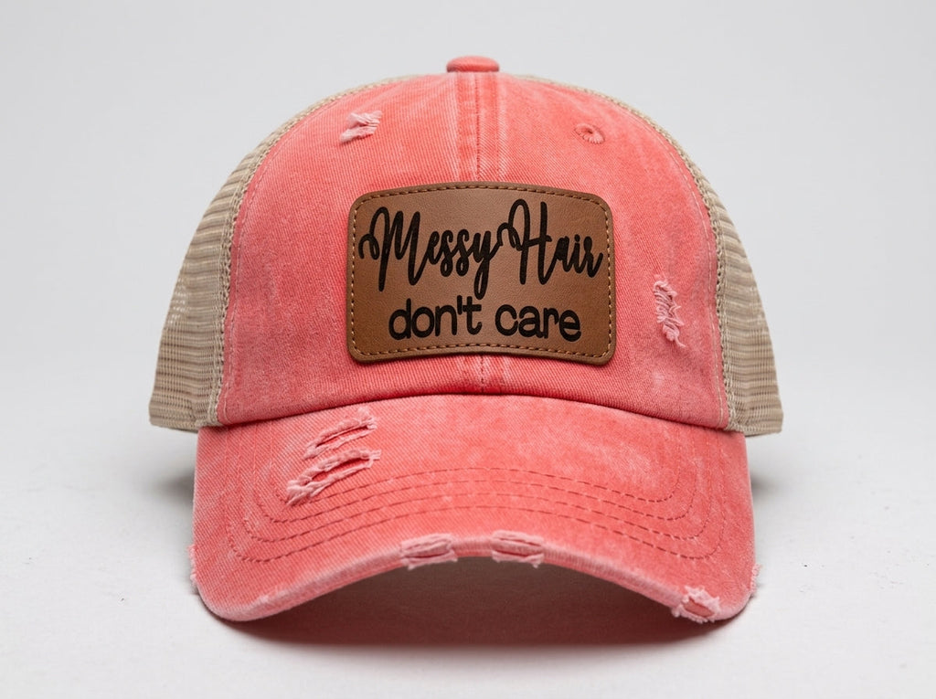 Messy Hair Don't Care Trucker Hat - Distressed Coral Women's Cap
