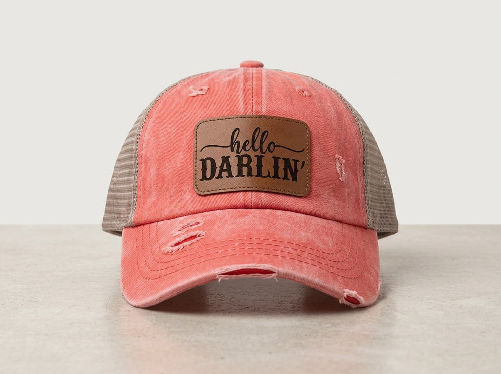 Women's Distressed Coral Trucker Hat - Hello Darlin' Leather Patch Cap