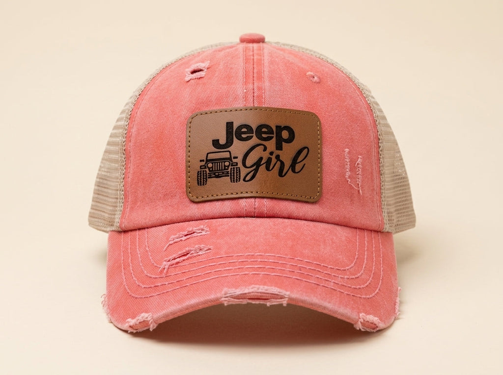 Jeep Girl Trucker Hat - Pink Distressed Vintage Cap with Faux Leather Patch