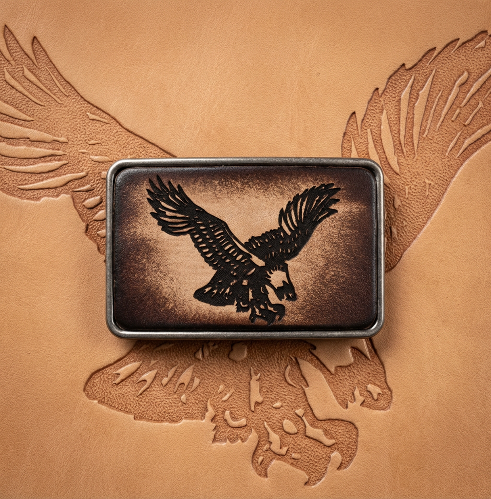 Eagle in Flight Design Handcrafted Leather Inlay Belt Buckle