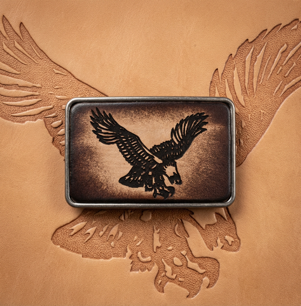 Eagle in Flight Design Handcrafted Leather Inlay Belt Buckle