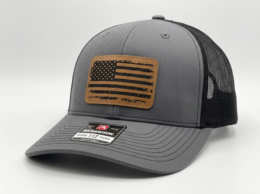 Richardson 112 Trucker Hat - Grey & Black with Leather USA Flag Patch