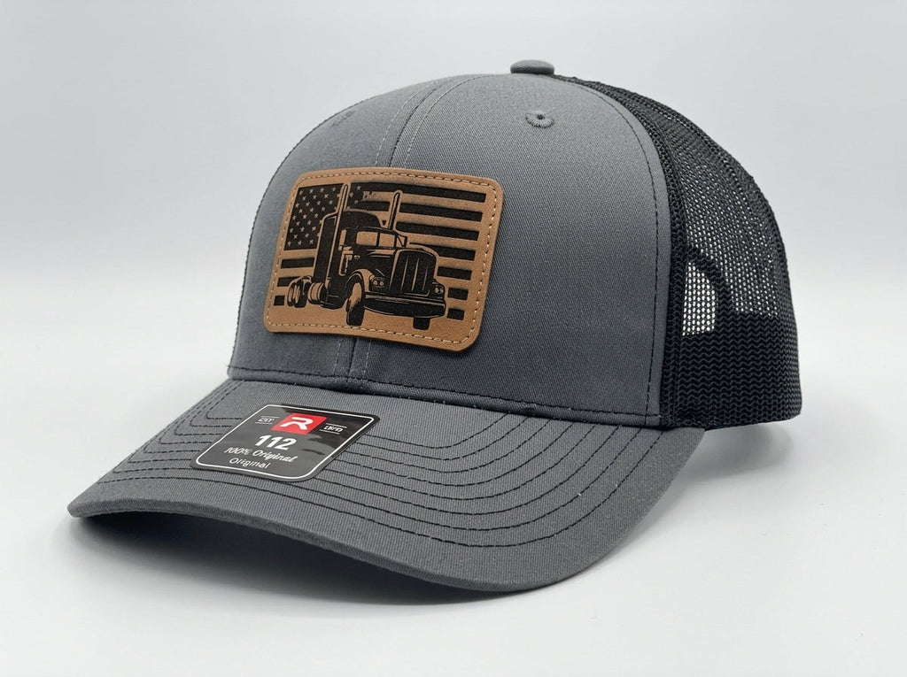 Semi Truck American Flag Leather Patch Richardson 112 Trucker Hat