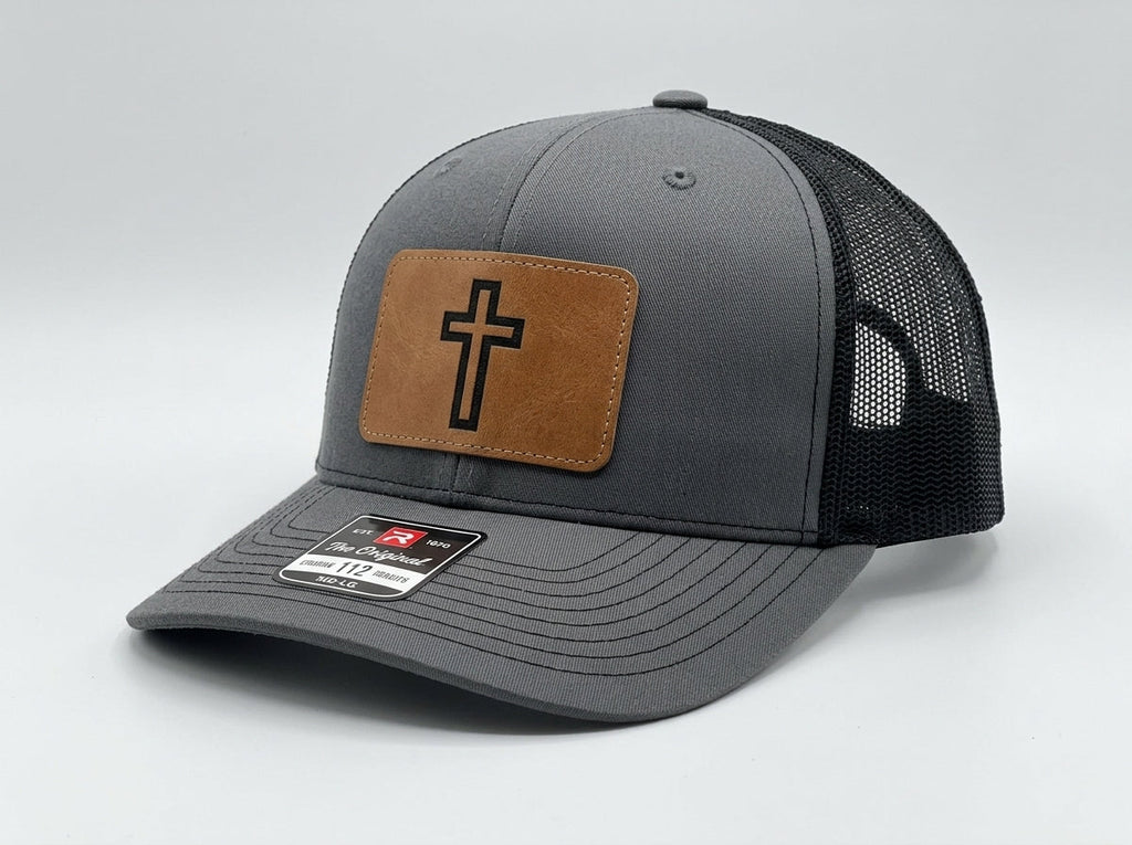 Richardson 112 Trucker Hat with Leather Cross Patch - Charcoal and Black