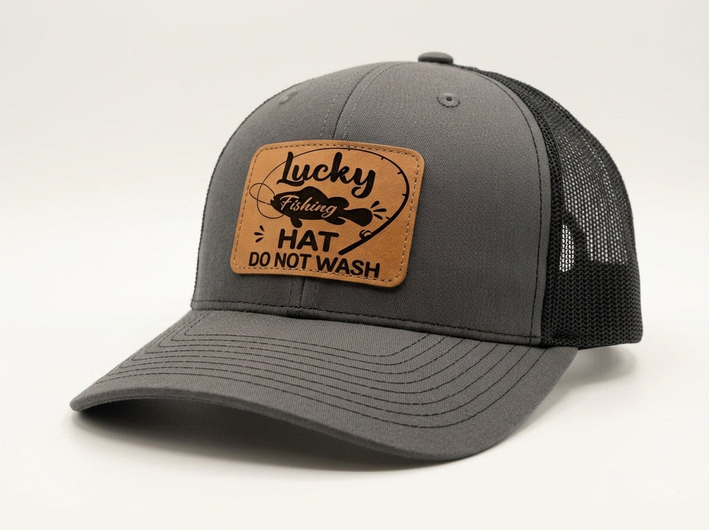 Lucky Fishing Hat Do Not Wash Leather Patch Gray Trucker Cap