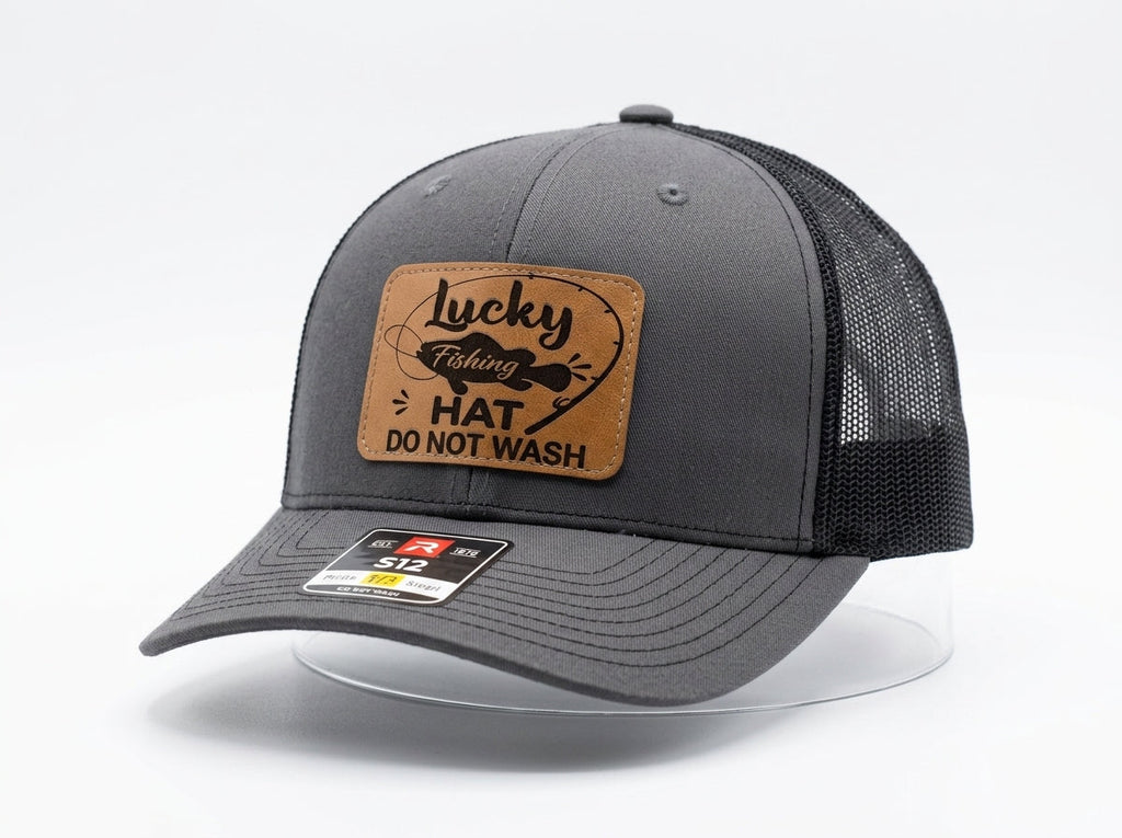 Lucky Fishing Hat - Custom Leather Patch Trucker Cap - Charcoal & Black