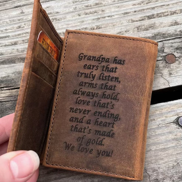 Men's Engraved Leather Trifold Wallet with Praying Hands Design