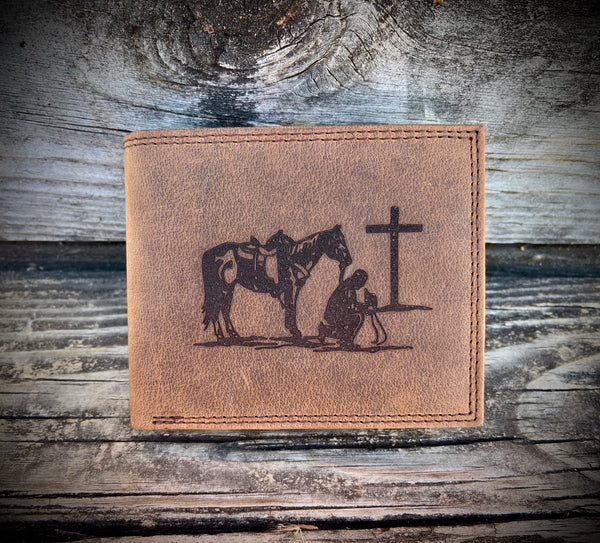 Distressed Leather Cowboy Wallet with Cross - Personalized Bifold