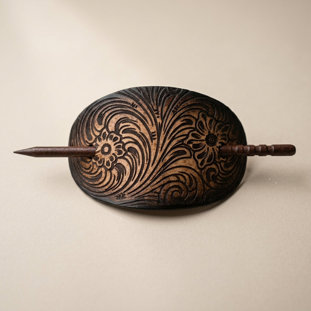 Hand-Tooled Leather Floral Hair Slide with Wooden Pin Barrette