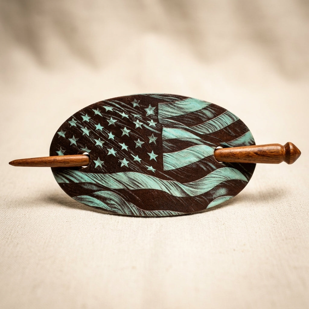 Handcrafted Leather American Flag Hair Slide with Wooden Pin
