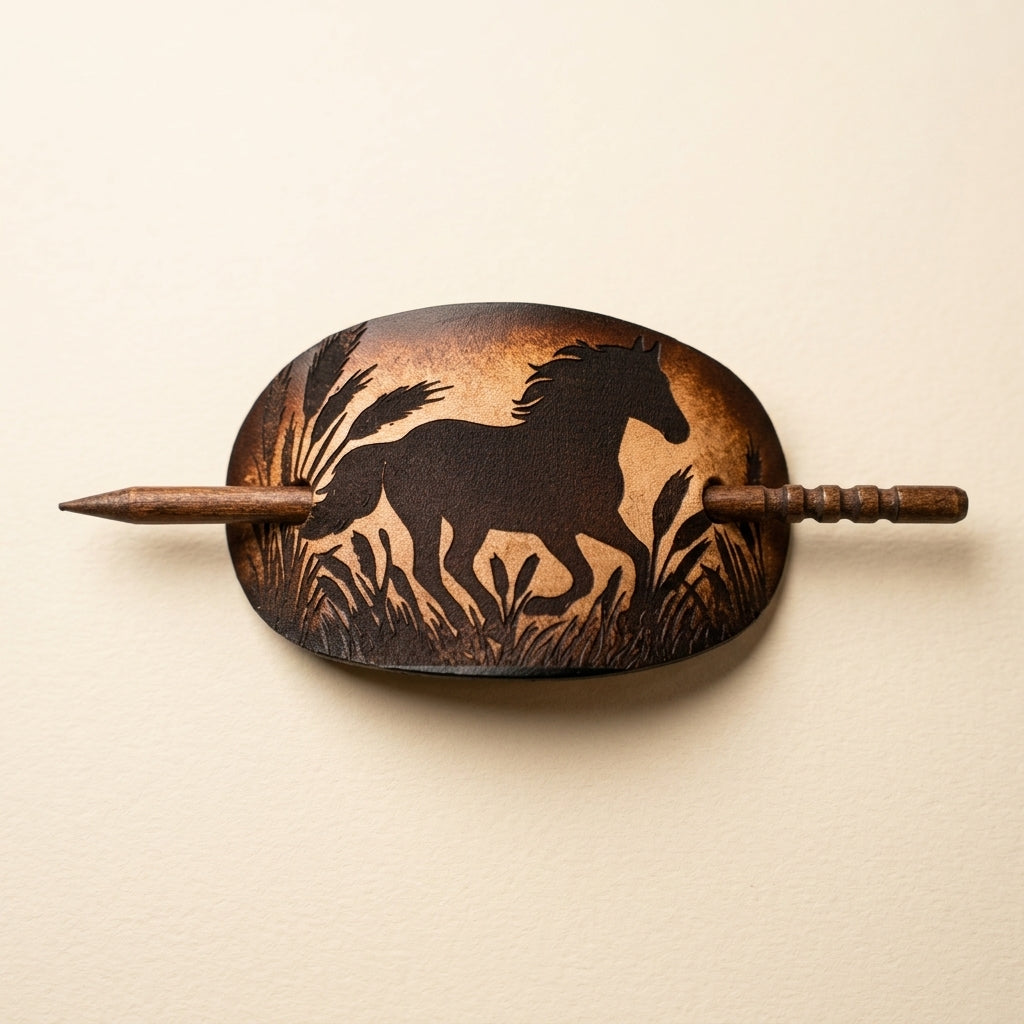 Hand-Tooled Leather Horse Hair Slide with Carved Wooden Pin