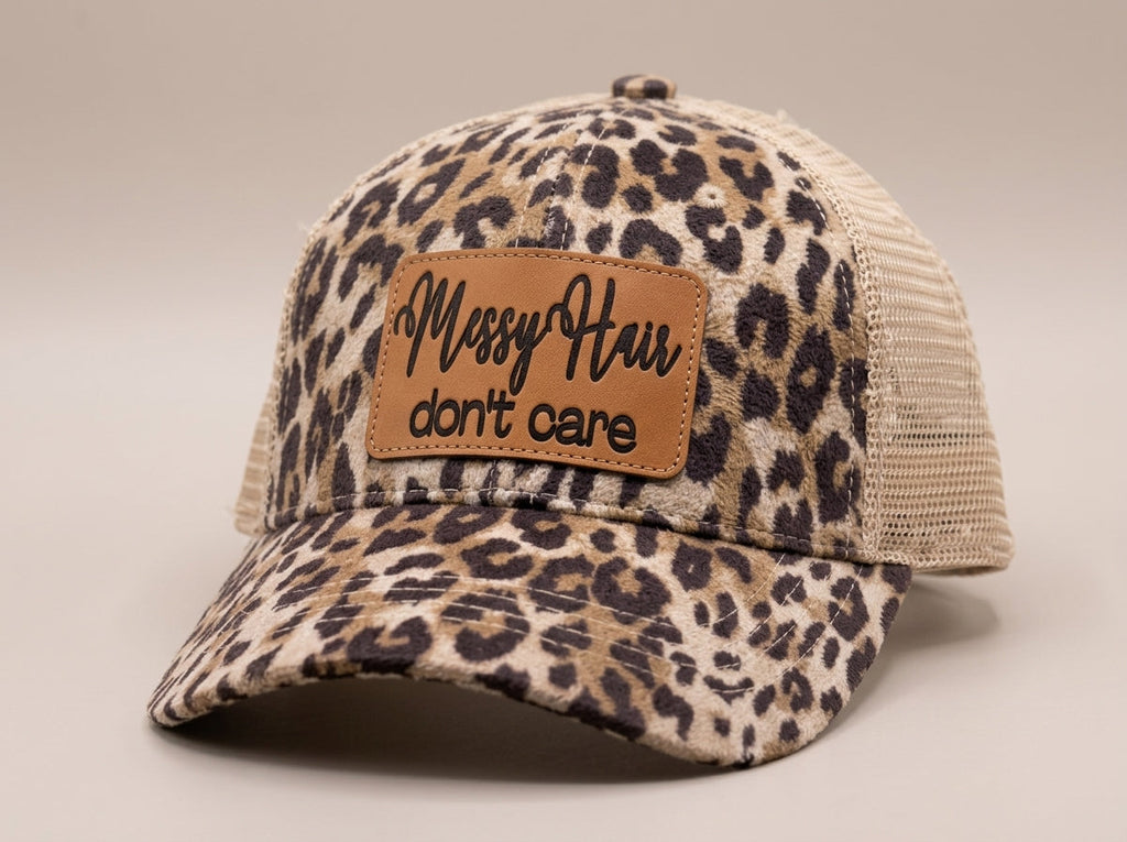 Leopard Print Trucker Hat - Messy Hair Don't Care Leather Patch Cap