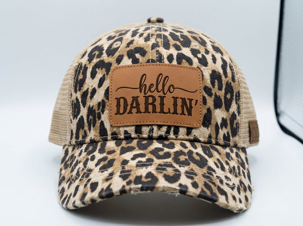 C.C Leopard Print Trucker Hat with Hello Darlin' Leather Patch