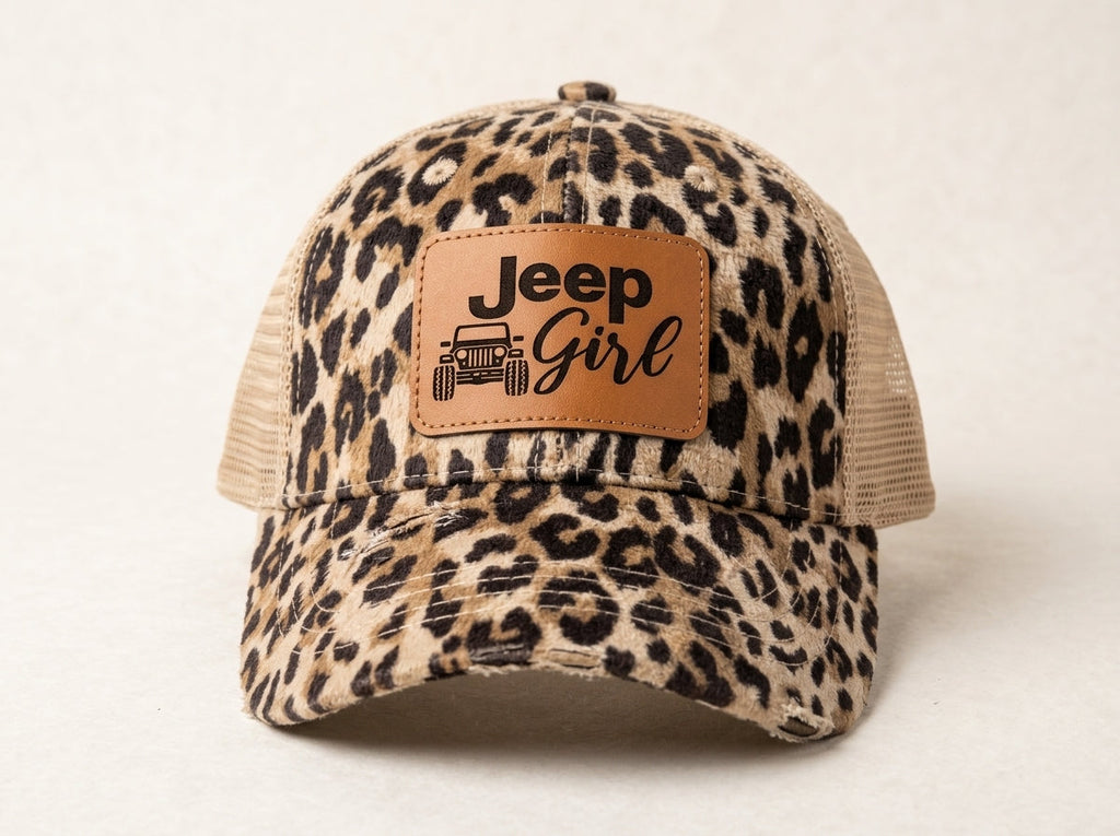 Jeep Girl Leopard Print Distressed Trucker Hat with Leather Patch | Women's Off-Road Apparel