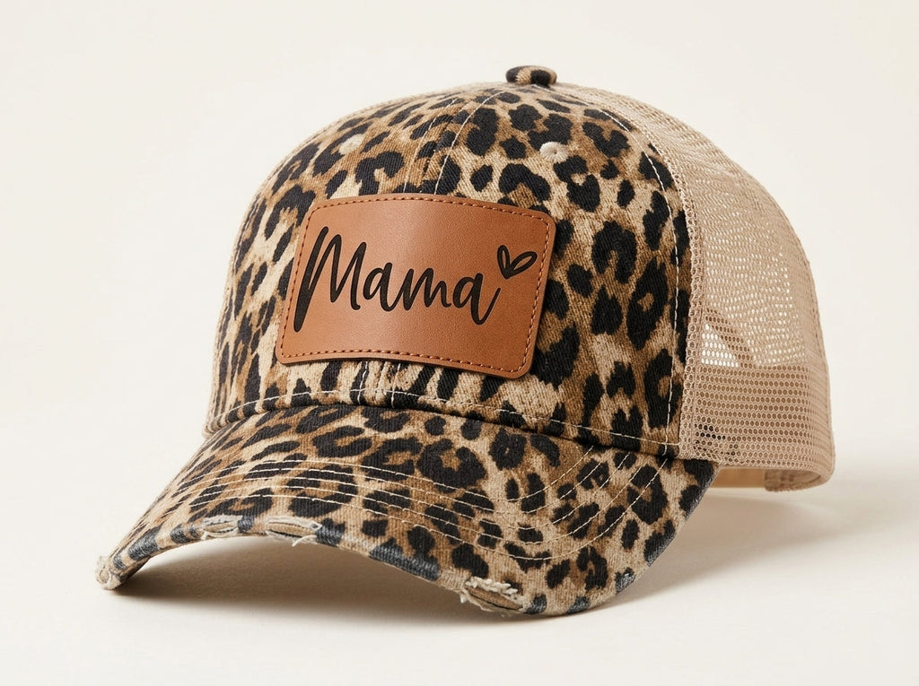 Leopard Print Mama Trucker Hat with Faux Leather Patch