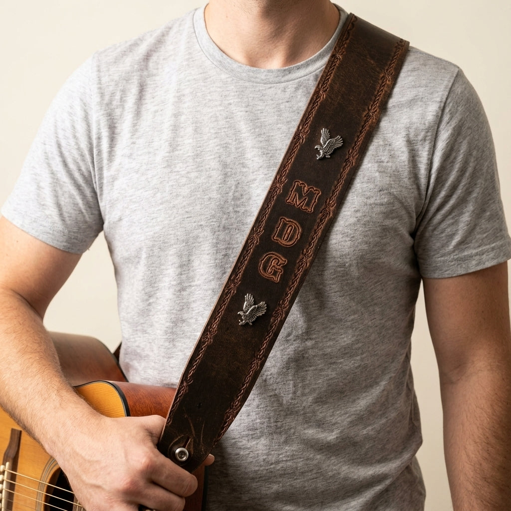 Distressed BISON Leather Guitar Strap with Concho Options