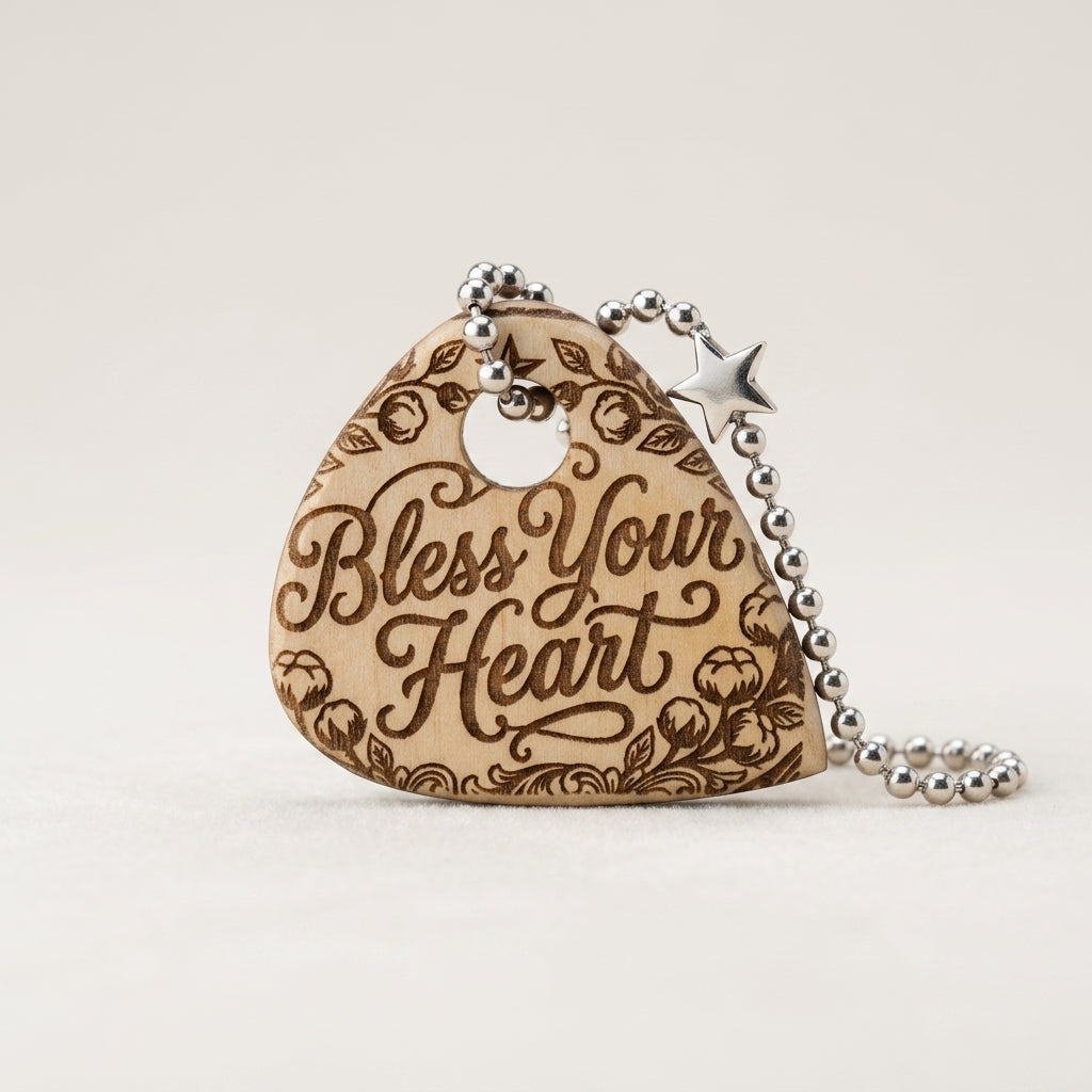 Engraved Wooden Bless Your Heart Keychain Charm with Star Accent