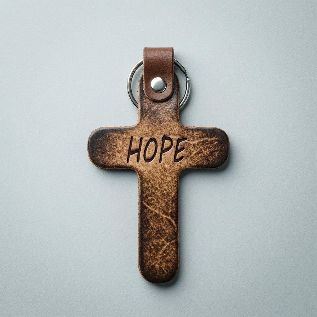 Vintage Brown Leather Cross Keychain with HOPE Engraving