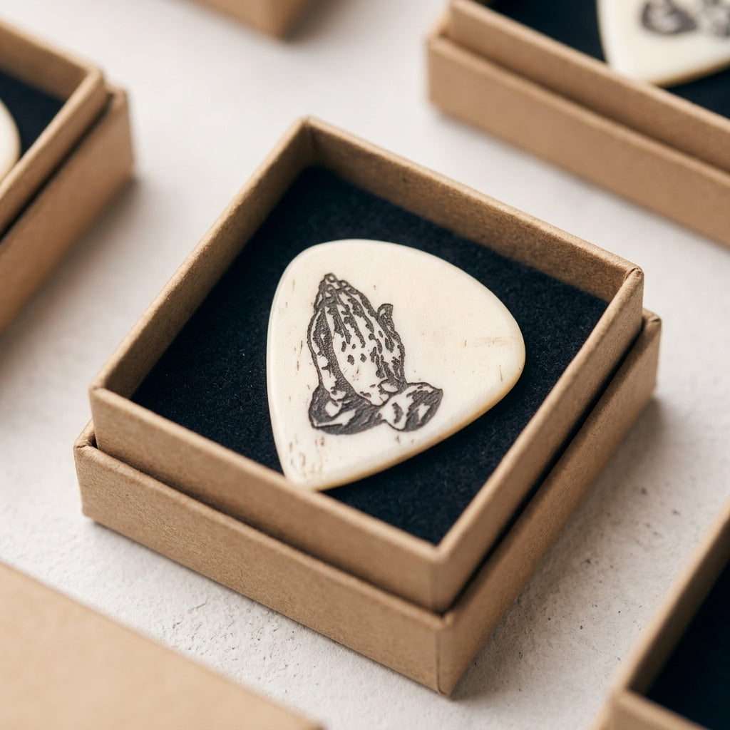Engraved Praying Hands Guitar Pick in Premium Gift Box