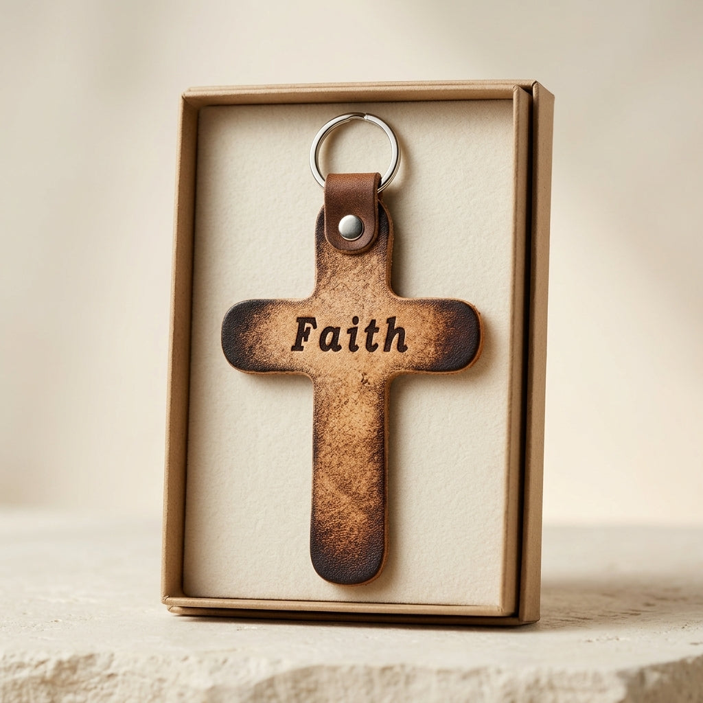 Faith Cross Leather Keychain - Handcrafted Religious Gift with Box