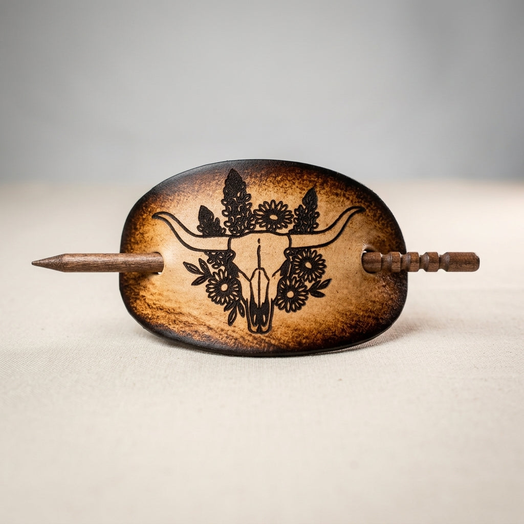 Handcrafted Bull Skull and Floral Leather Hair Slide with Wooden Pin