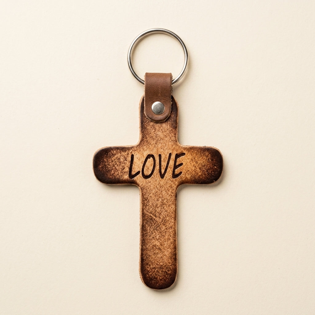 Handcrafted Brown Leather Cross Keychain with 'LOVE' Inscription