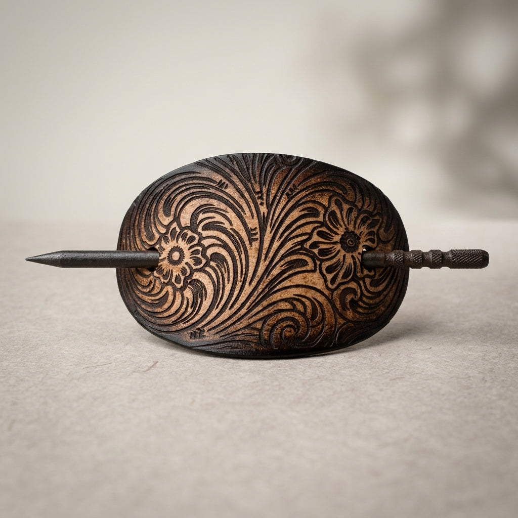 Hand-Tooled Western Leather Hair Slide with Metal Stick Barrette