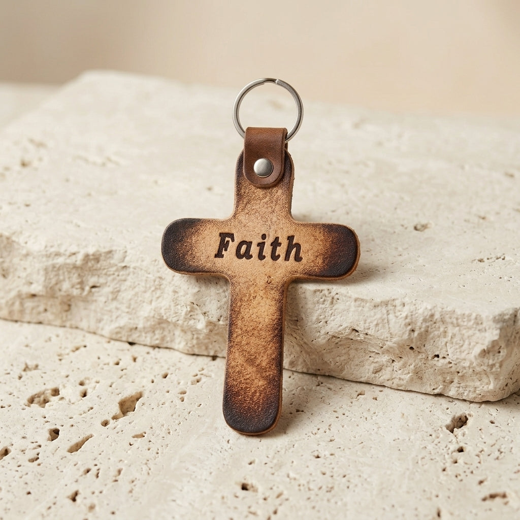 Handcrafted Distressed Leather Faith Cross Keychain with Metal Ring