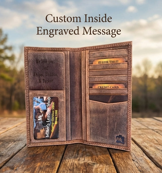 Men's Distressed Leather Classic Buck Roper Wallet - Engraved Deer Stag Buck Design