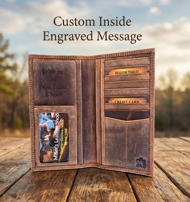Praying Hands Engraved Brown Leather Long Wallet