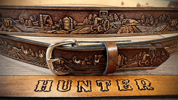 Farm Tooled Leather Belt, Tractor Belt, Made in the USA by Miller's Leather Shop