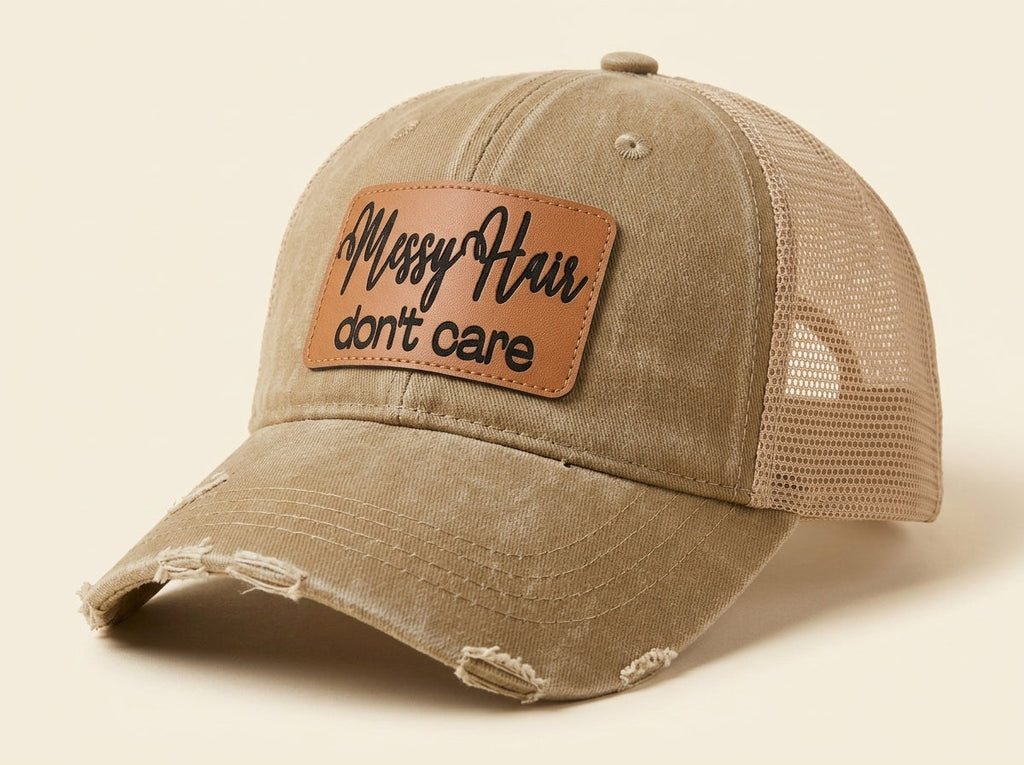 Distressed Tan Trucker Hat - Messy Hair Don't Care - Women's Vintage Cap