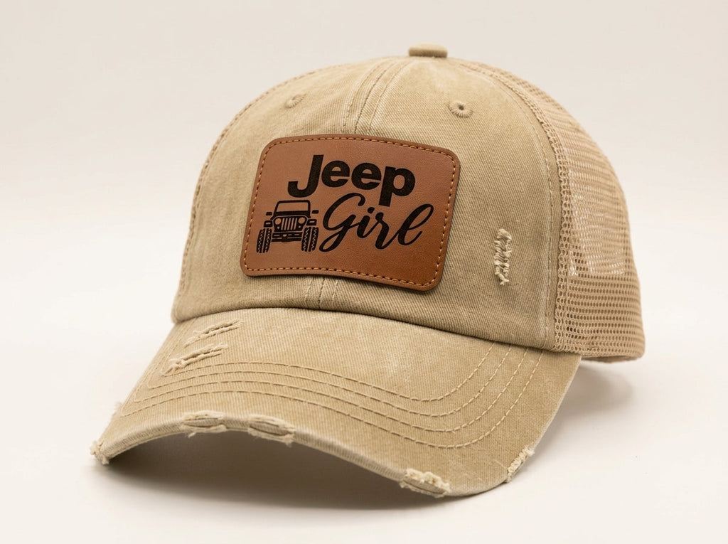Distressed Jeep Girl Leather Patch Mesh Back Trucker Hat - Tan