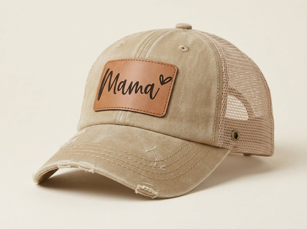 Mama Distressed Trucker Hat with Faux Leather Patch - Tan