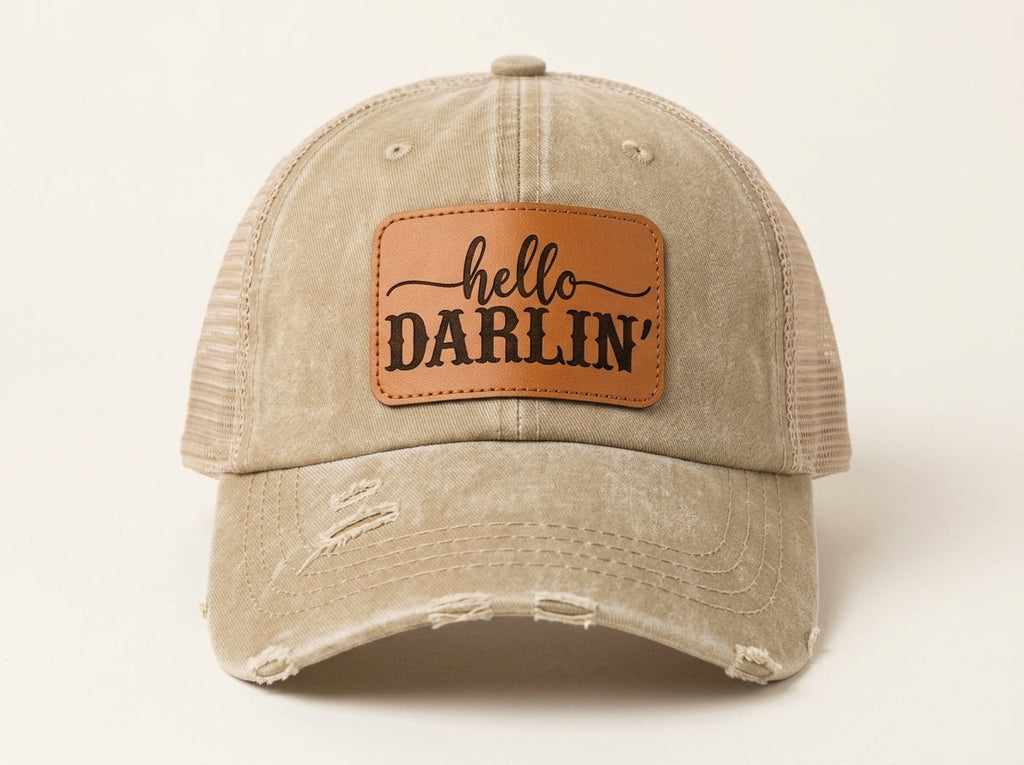 Women's Western Trucker Hat - Hello Darlin' Distressed Leather Patch Cap - Tan