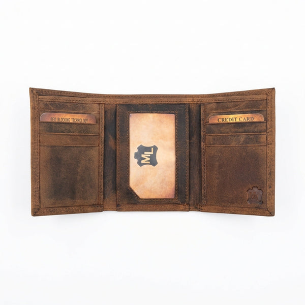 Men's Distressed Leather Trifold Wallet with Embossed Wild Turkey Design