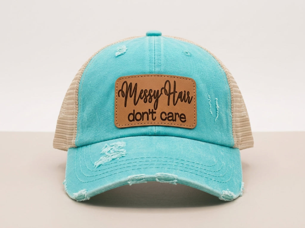 Teal Distressed Trucker Hat - Women's Messy Hair Don't Care Leather Patch Cap
