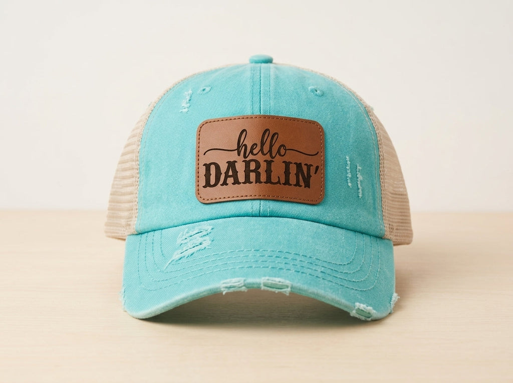 Hello Darlin Distressed Trucker Hat - Turquoise & Tan Mesh Baseball Cap