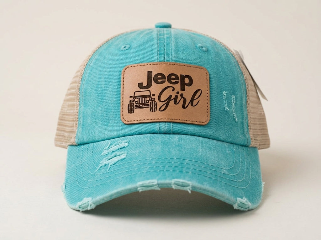 Jeep Girl Distressed Teal Trucker Hat with Leather Patch