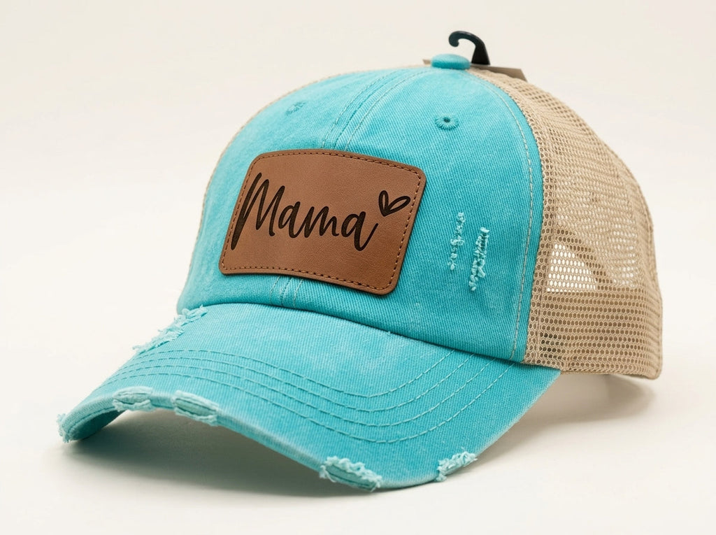 Mama Distressed Teal Trucker Hat with Custom Leather Patch - Premium Mesh Cap