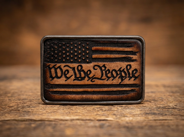 We the People Flag Design Handcrafted Leather Inlay Belt Buckle