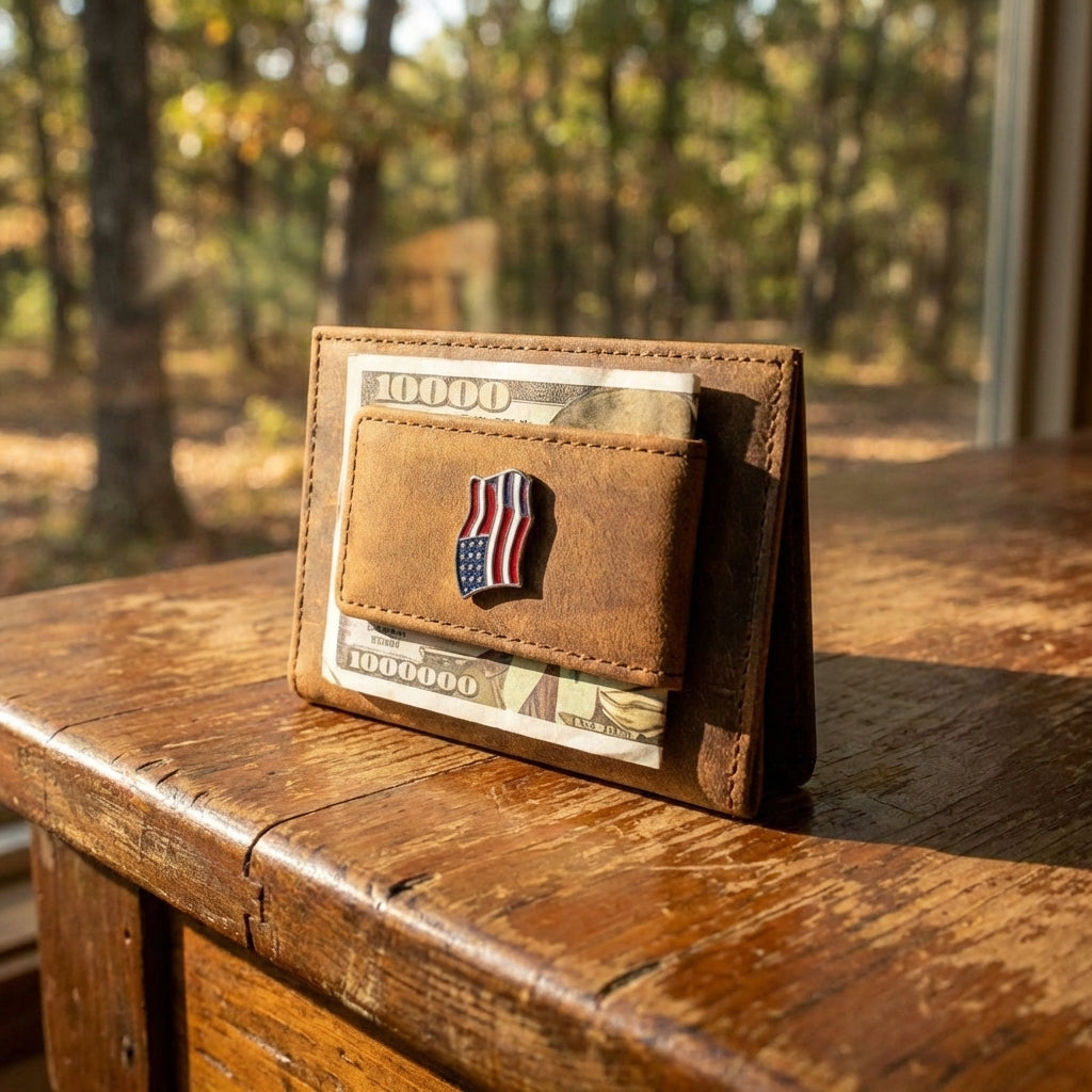 Leather Money Clip Wallet with USA Flag Concho - Brown
