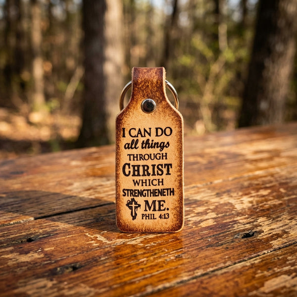 Hand Tooled Leather Keychain - Philippians 4:13 Christian Gift