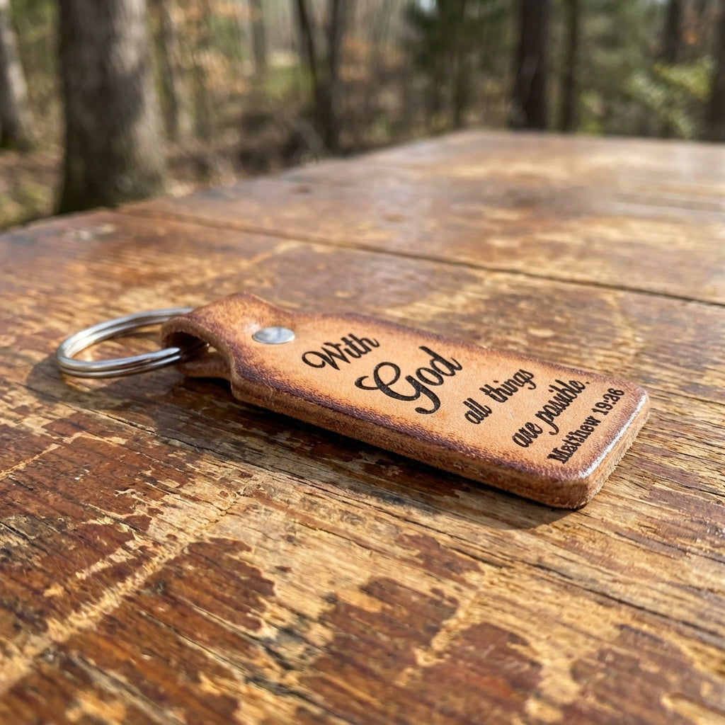 Personalized Leather Keychain - With God All Things Are Possible - Free Engraving